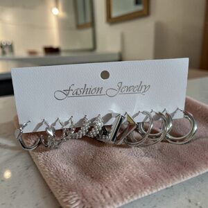 Silver Tone Hoop Earring Set Y2K Heart Pearl Geometric Minimalist Coquette